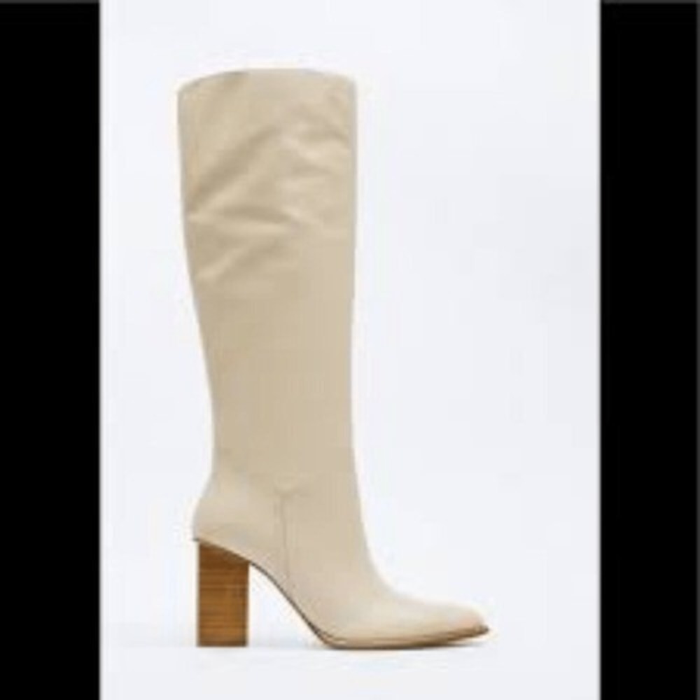 Zara Cream Leather Knee High Block Heel Pointed Toe Boots Womens 38 US 7.5